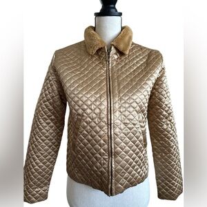 Vintage Y2K K.C. Parker Quilted Gold Jacket with Faux Fur Collar – Size Small
